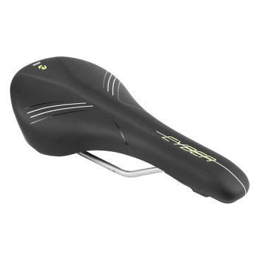 Selle Newton route/VTT Cyber noir déco jaune fluo/blanc 285x140mm rail acier gris