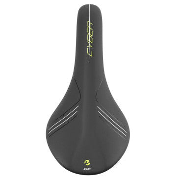 Selle Newton route/VTT Cyber noir déco jaune fluo/blanc 285x140mm rail acier gris