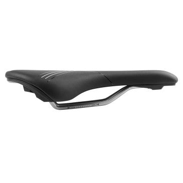 Selle Newton route/VTT Cyber noir déco jaune fluo/blanc 285x140mm rail acier gris